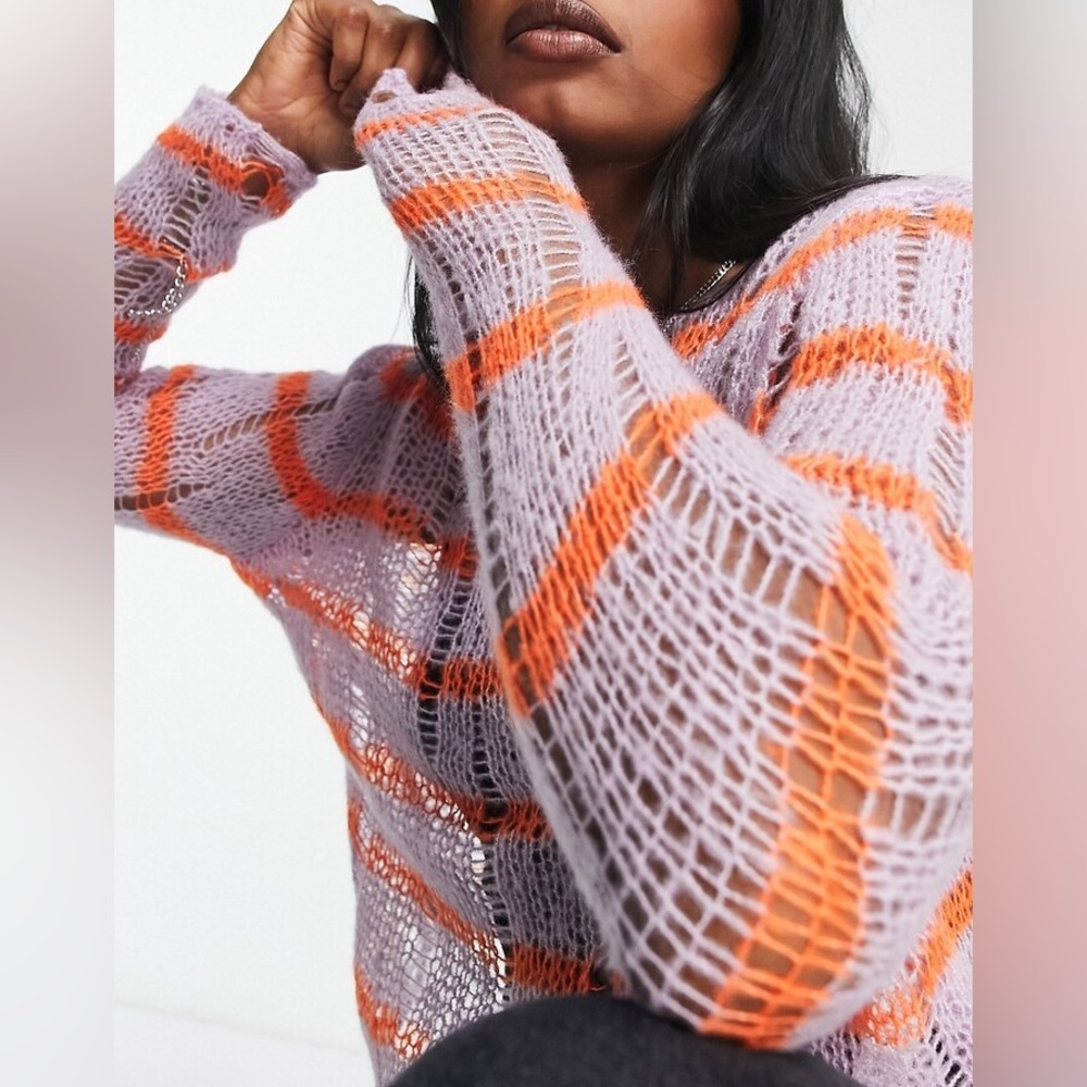 NWT ASOS DESIGN sweater in sheer knit in stripe pattern in lilac US 4 - Picture 3 of 5